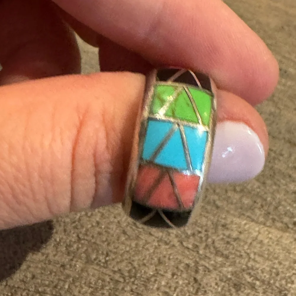 Signed CJ ( Butler) Native American Navajo Turquoise Coral Onyx Ring 7.9G